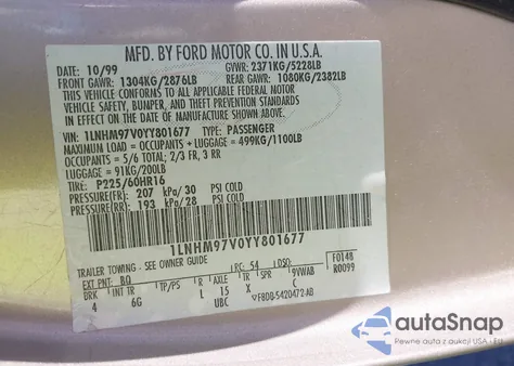 2000 Lincoln Continental z USA, uszkodzony, nr VIN 1LNHM97V0YY801677